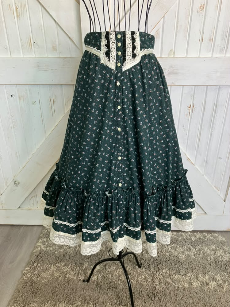 70's Vintage Gunne Sax Jessica's Gunnies Green Calico Velvet Peplum Corset Blouse Top + Prairie Midi Skirt Set 9 *UPCYCLED TOP