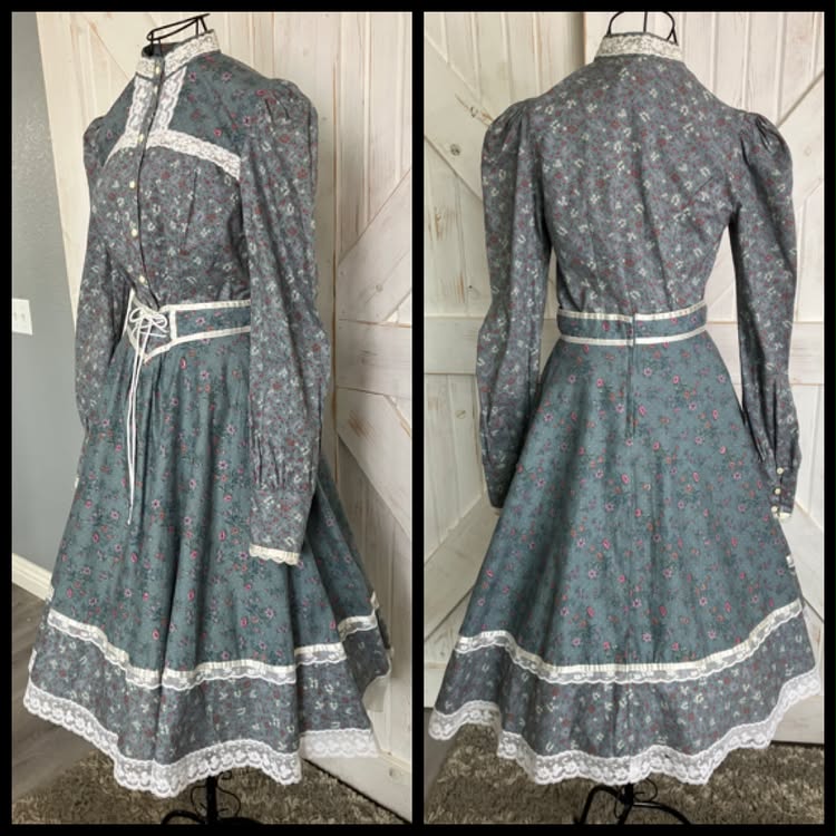 70's Vintage Gunne Sax Jessica's Gunnies Gray Purple White Pink Calico Blouse Top + Prairie Midi Skirt Set