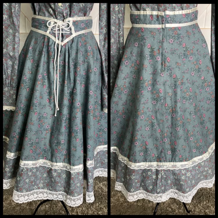 70's Vintage Gunne Sax Jessica's Gunnies Gray Purple White Pink Calico Blouse Top + Prairie Midi Skirt Set