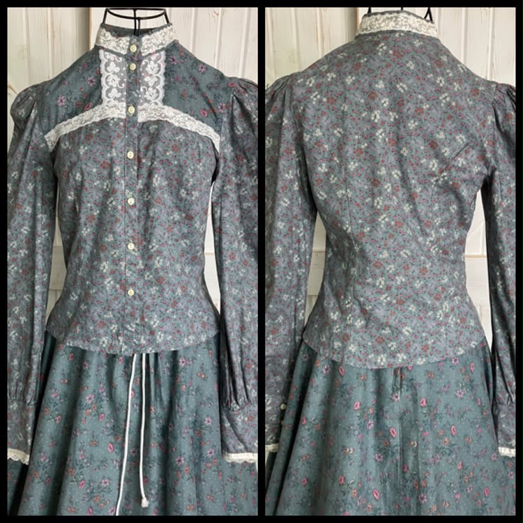 70's Vintage Gunne Sax Jessica's Gunnies Gray Purple White Pink Calico Blouse Top + Prairie Midi Skirt Set