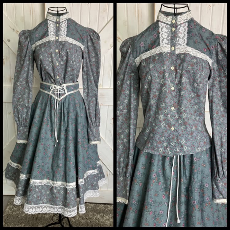70's Vintage Gunne Sax Jessica's Gunnies Gray Purple White Pink Calico Blouse Top + Prairie Midi Skirt Set