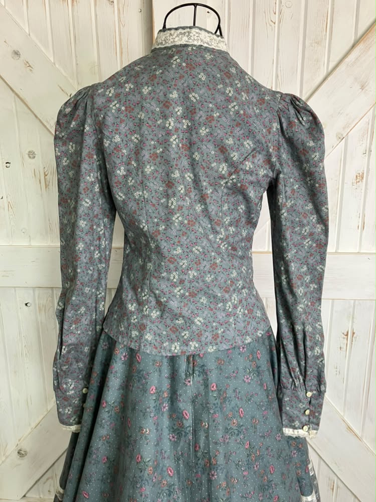 70's Vintage Gunne Sax Jessica's Gunnies Gray Purple White Pink Calico Blouse Top + Prairie Midi Skirt Set