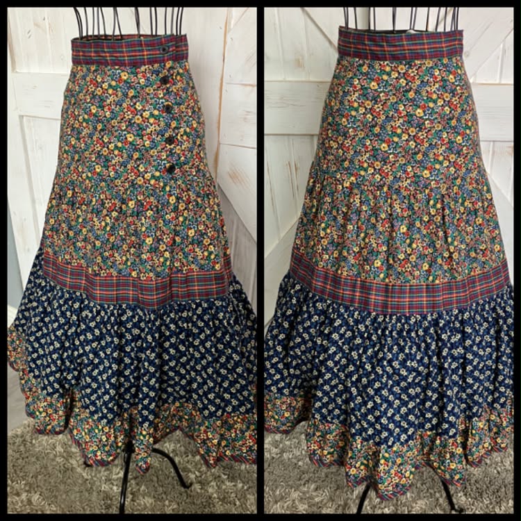 70's Vintage Gunne Sax Jessica's Gunnies Rainbow Calico Plaid Side Button Prairie Midi Skirt