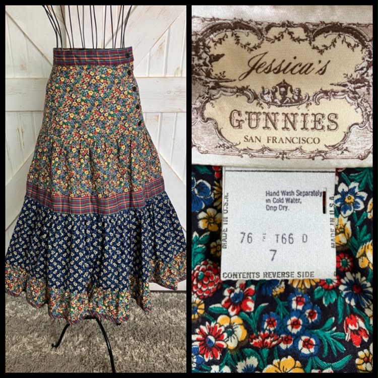 70's Vintage Gunne Sax Jessica's Gunnies Rainbow Calico Plaid Side Button Prairie Midi Skirt