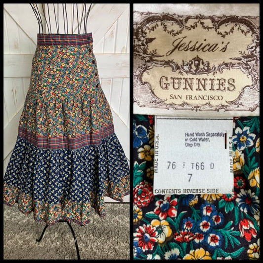 70's Vintage Gunne Sax Jessica's Gunnies Rainbow Calico Plaid Side Button Prairie Midi Skirt