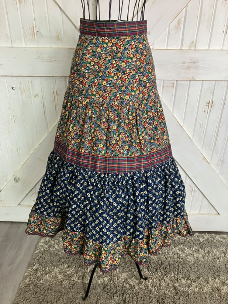70's Vintage Gunne Sax Jessica's Gunnies Rainbow Calico Plaid Side Button Prairie Midi Skirt