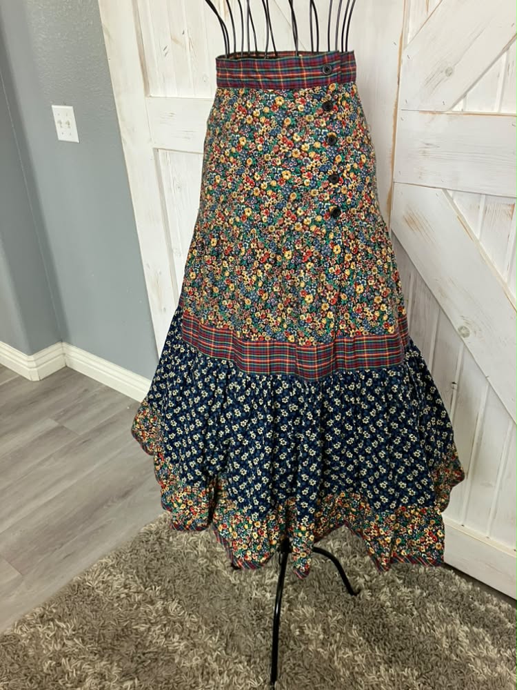 70's Vintage Gunne Sax Jessica's Gunnies Rainbow Calico Plaid Side Button Prairie Midi Skirt