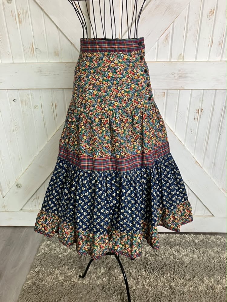 70's Vintage Gunne Sax Jessica's Gunnies Rainbow Calico Plaid Side Button Prairie Midi Skirt
