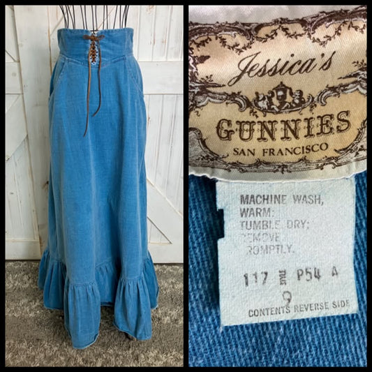 70's Vintage Gunne Sax Jessica's Gunnies Blue Jean Brushed Denim Corset Waist Western Prairie Maxi Skirt 9