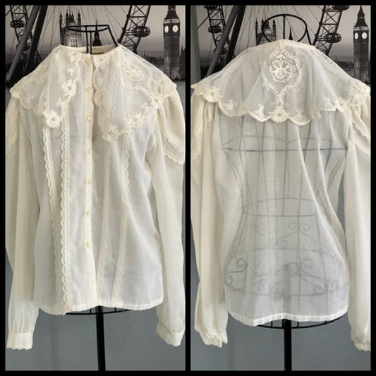 70's Vintage Gunne Sax Jessica's Gunnies White Lace Sailor Collar Dolly Lolita Prairie Blouse Top