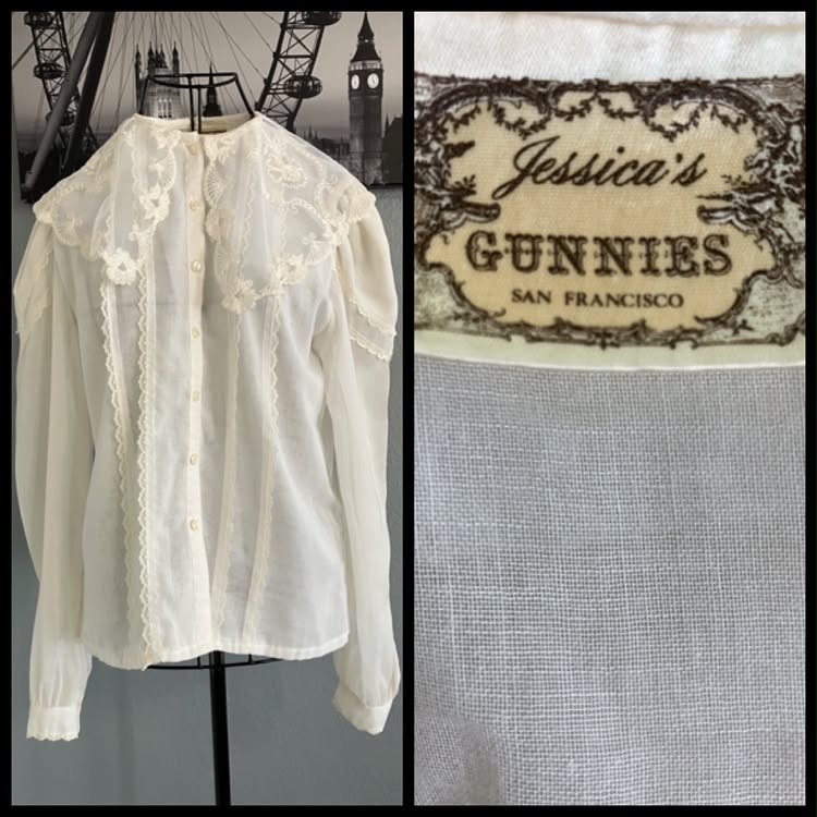 70's Vintage Gunne Sax Jessica's Gunnies White Lace Sailor Collar Dolly Lolita Prairie Blouse Top