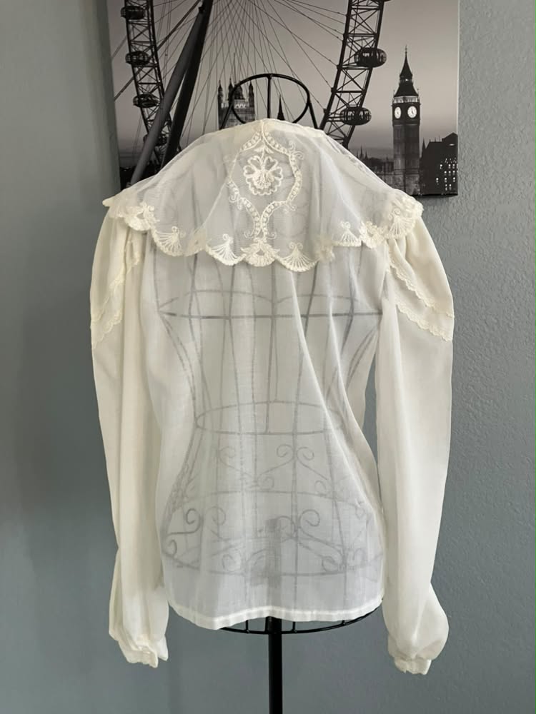 70's Vintage Gunne Sax Jessica's Gunnies White Lace Sailor Collar Dolly Lolita Prairie Blouse Top