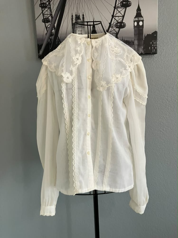 70's Vintage Gunne Sax Jessica's Gunnies White Lace Sailor Collar Dolly Lolita Prairie Blouse Top