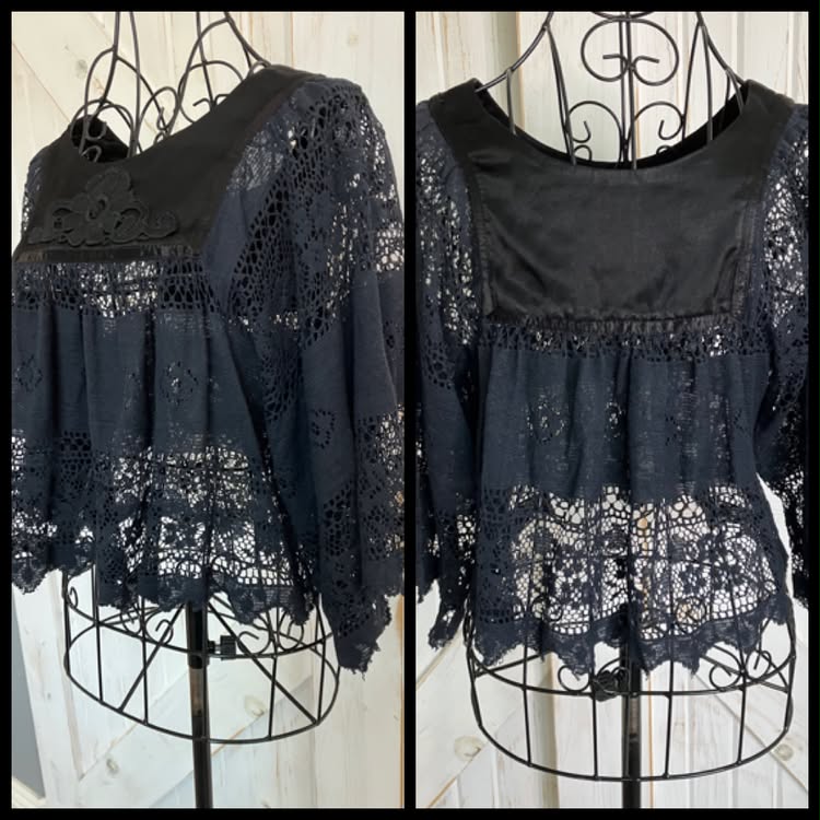 70's Vintage Rag O Muffins Bohemian Boho Festival Black Lace Satin Crop Blouse Top