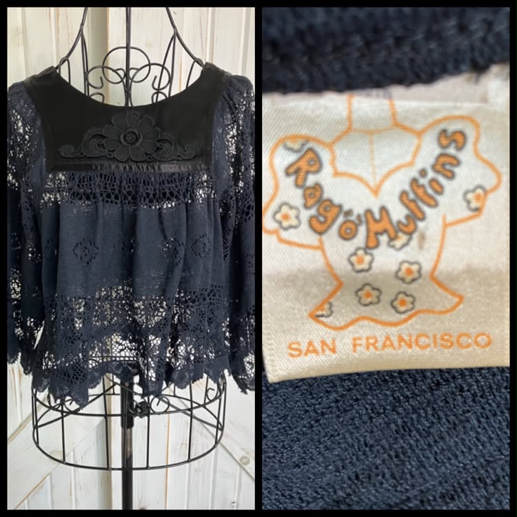 70's Vintage Rag O Muffins Bohemian Boho Festival Black Lace Satin Crop Blouse Top