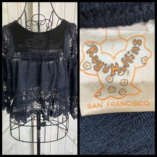 70's Vintage Rag O Muffins Bohemian Boho Festival Black Lace Satin Crop Blouse Top