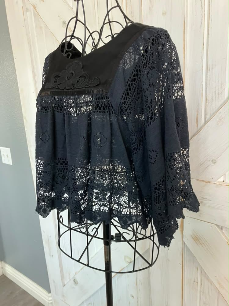 70's Vintage Rag O Muffins Bohemian Boho Festival Black Lace Satin Crop Blouse Top