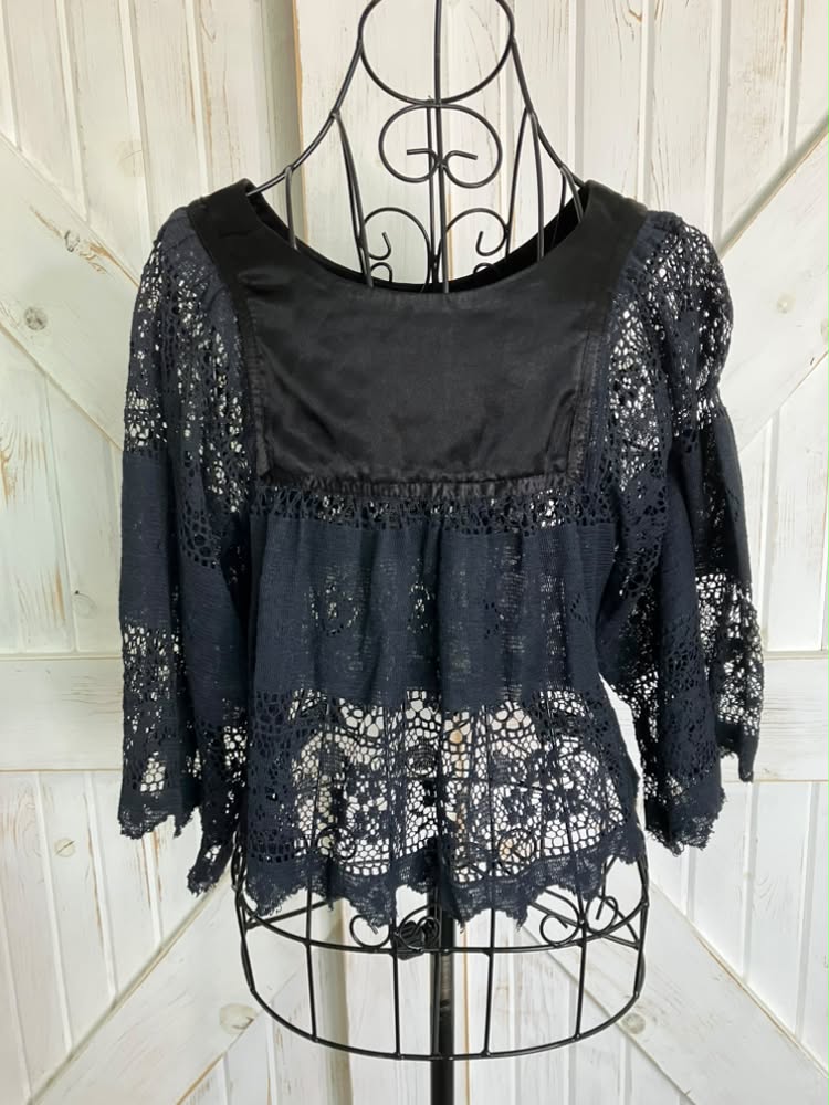 70's Vintage Rag O Muffins Bohemian Boho Festival Black Lace Satin Crop Blouse Top
