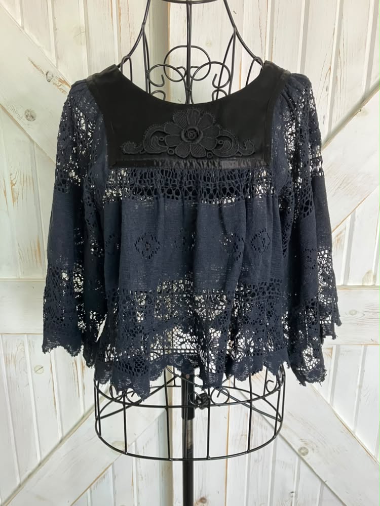 70's Vintage Rag O Muffins Bohemian Boho Festival Black Lace Satin Crop Blouse Top
