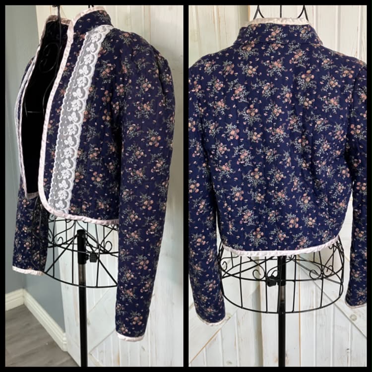 70's Vintage Gunne Sax Jessica's Gunnies Blue Pink White Calico Quilted Crop Bolero Jacket