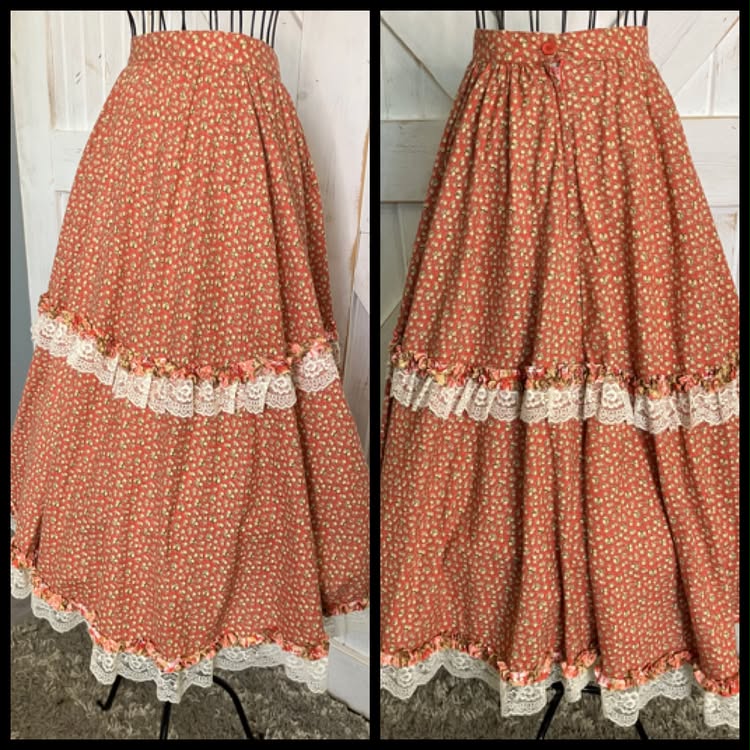 70's Vintage Homespun Co Ltd Homespinners Gunne Sax STYLE Peach Yellow Calico Prairie Midi Skirt 13