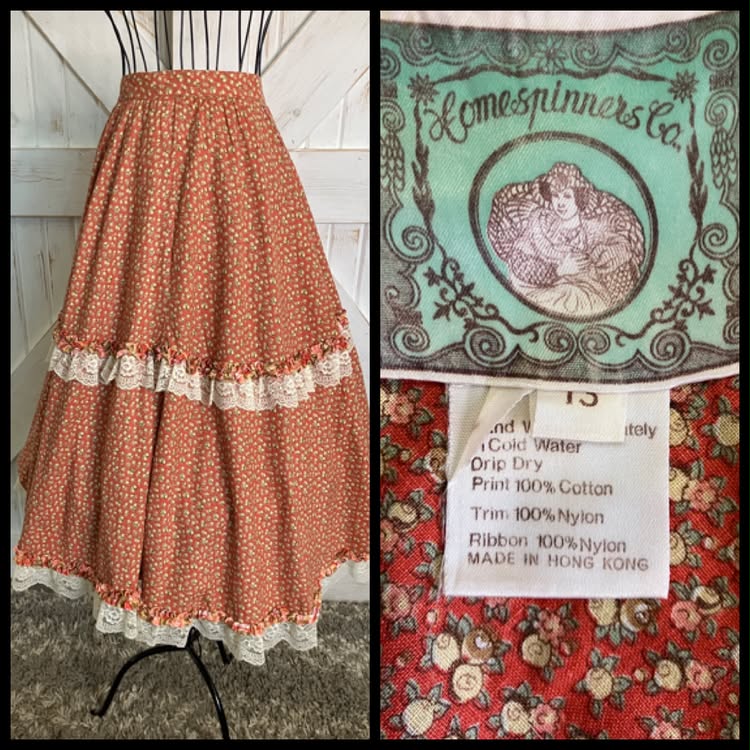 70's Vintage Homespun Co Ltd Homespinners Gunne Sax STYLE Peach Yellow Calico Prairie Midi Skirt 13