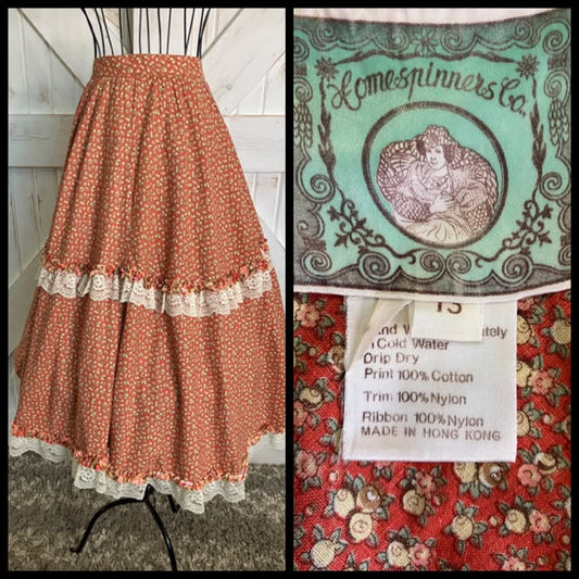 70's Vintage Homespun Co Ltd Homespinners Gunne Sax STYLE Peach Yellow Calico Prairie Midi Skirt 13