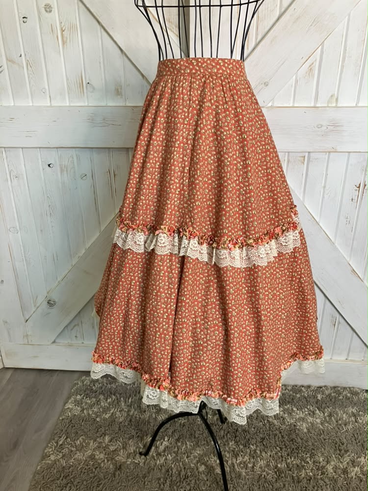 70's Vintage Homespun Co Ltd Homespinners Gunne Sax STYLE Peach Yellow Calico Prairie Midi Skirt 13
