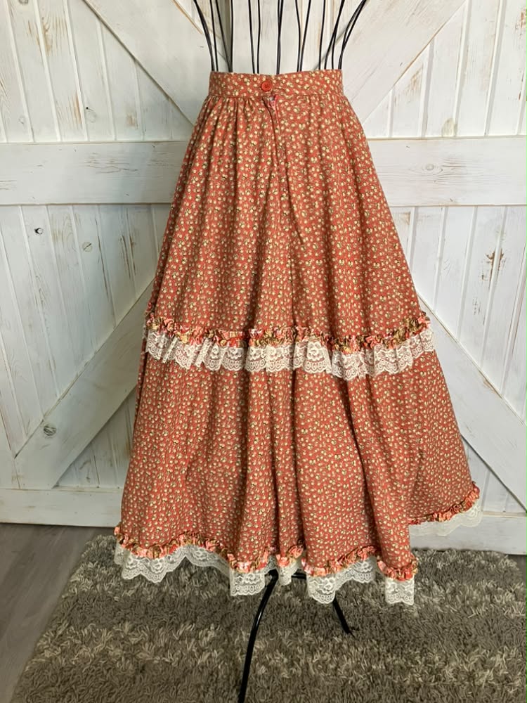 70's Vintage Homespun Co Ltd Homespinners Gunne Sax STYLE Peach Yellow Calico Prairie Midi Skirt 13