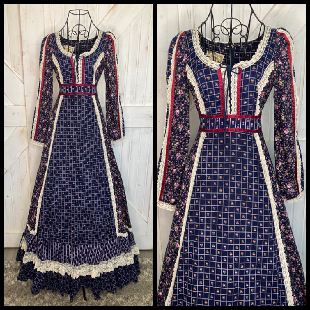 70's Vintage Gunne Sax Blue Red Pink White Calico Prairie Maxi Dress 7