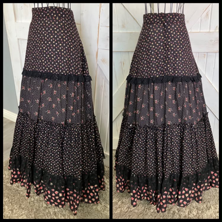 70's Vintage Gunne Sax Jessica's Gunnies Black Pink Gold Rose Calico Prairie Maxi Skirt 13