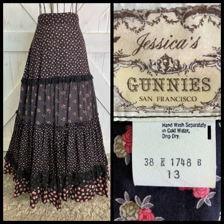 70's Vintage Gunne Sax Jessica's Gunnies Black Pink Gold Rose Calico Prairie Maxi Skirt 13
