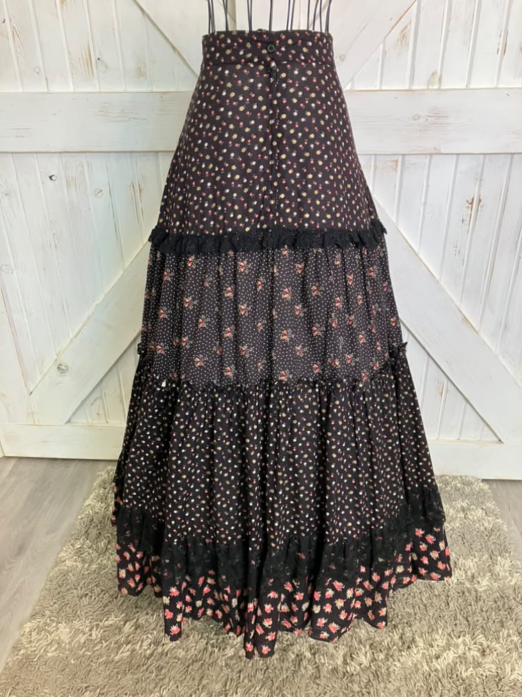 70's Vintage Gunne Sax Jessica's Gunnies Black Pink Gold Rose Calico Prairie Maxi Skirt 13