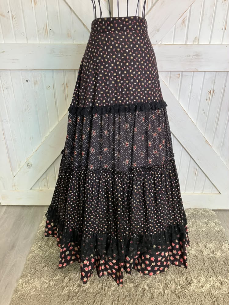 70's Vintage Gunne Sax Jessica's Gunnies Black Pink Gold Rose Calico Prairie Maxi Skirt 13