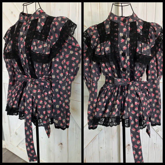 70's Vintage Black Gray Red Pink Gold Rose Calico Bishop Sleeve Peplum Gunne Sax STYLE Prairie Blouse Top