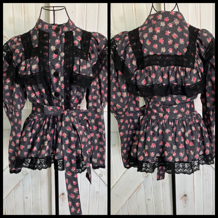 70's Vintage Black Gray Red Pink Gold Rose Calico Bishop Sleeve Peplum Gunne Sax STYLE Prairie Blouse Top
