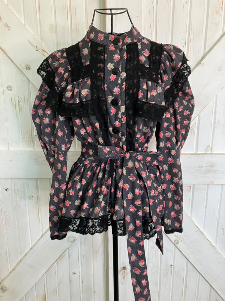 70's Vintage Black Gray Red Pink Gold Rose Calico Bishop Sleeve Peplum Gunne Sax STYLE Prairie Blouse Top