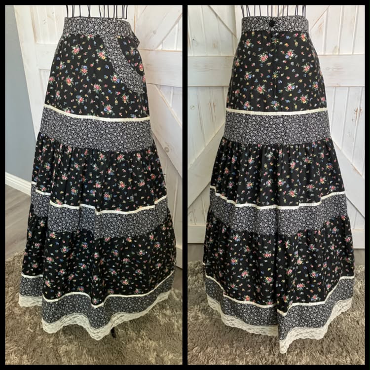 70's Vintage Black White Rainbow Calico Gunne Sax STYLE Prairie Maxi Skirt
