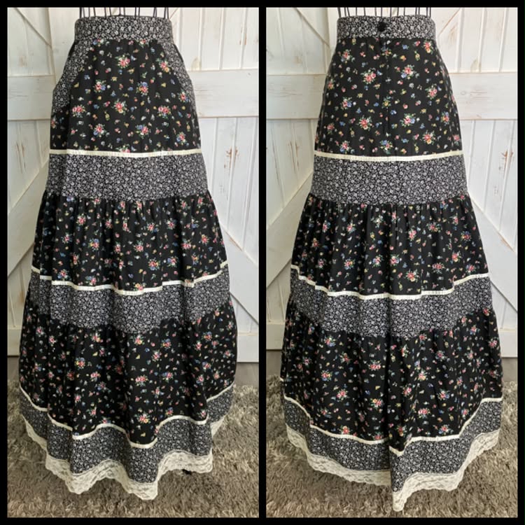 70's Vintage Black White Rainbow Calico Gunne Sax STYLE Prairie Maxi Skirt