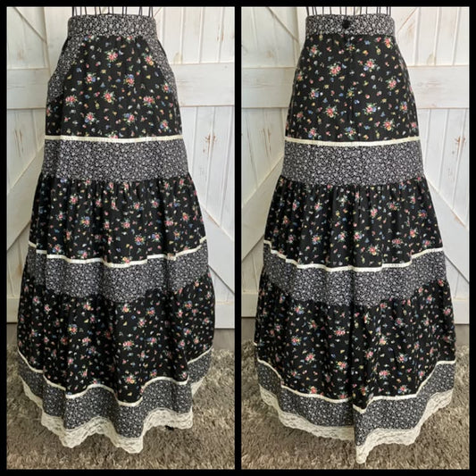 70's Vintage Black White Rainbow Calico Gunne Sax STYLE Prairie Maxi Skirt