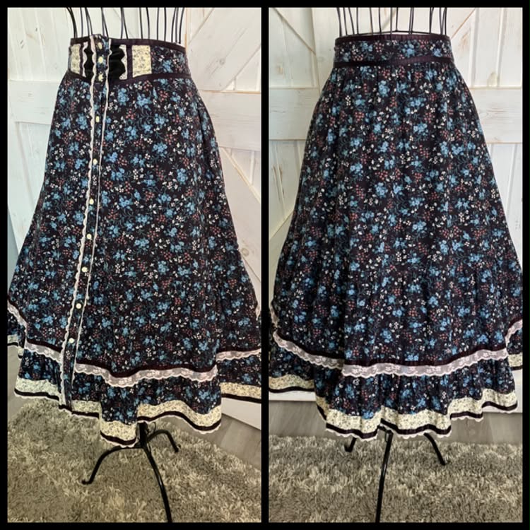 WOUNDED BIRD 70's Vintage Gunne Sax Jessica's Gunnies Black Teal Prairie Midi Skirt READ