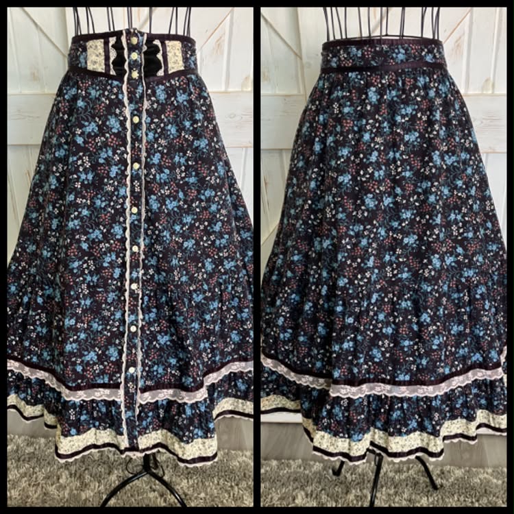 WOUNDED BIRD 70's Vintage Gunne Sax Jessica's Gunnies Black Teal Prairie Midi Skirt READ