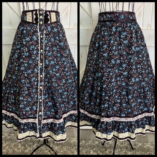 WOUNDED BIRD 70's Vintage Gunne Sax Jessica's Gunnies Black Teal Prairie Midi Skirt READ