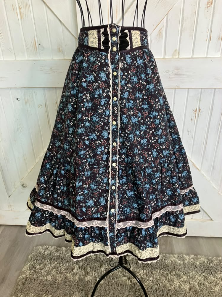 WOUNDED BIRD 70's Vintage Gunne Sax Jessica's Gunnies Black Teal Prairie Midi Skirt READ