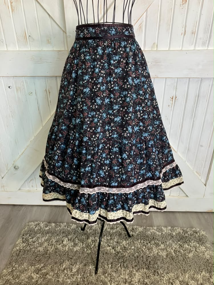 WOUNDED BIRD 70's Vintage Gunne Sax Jessica's Gunnies Black Teal Prairie Midi Skirt READ