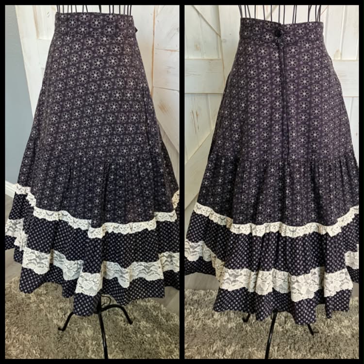 70's Vintage Gunne Sax Jessica's Gunnies Black White Purple Withcy Calico Priarie Goth Midi Skirt 9