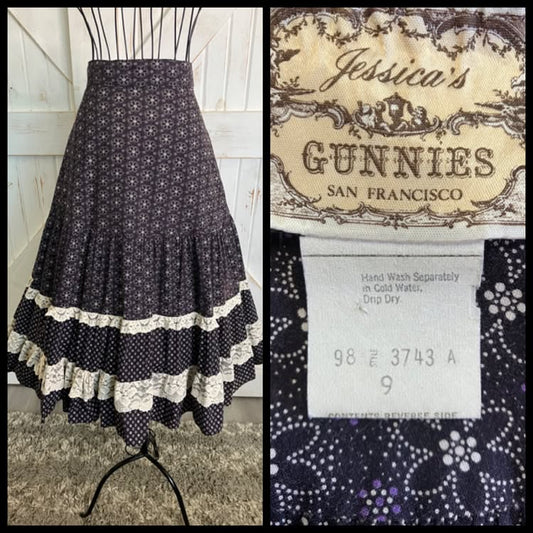 70's Vintage Gunne Sax Jessica's Gunnies Black White Purple Withcy Calico Priarie Goth Midi Skirt 9