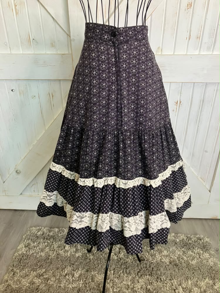 70's Vintage Gunne Sax Jessica's Gunnies Black White Purple Withcy Calico Priarie Goth Midi Skirt 9