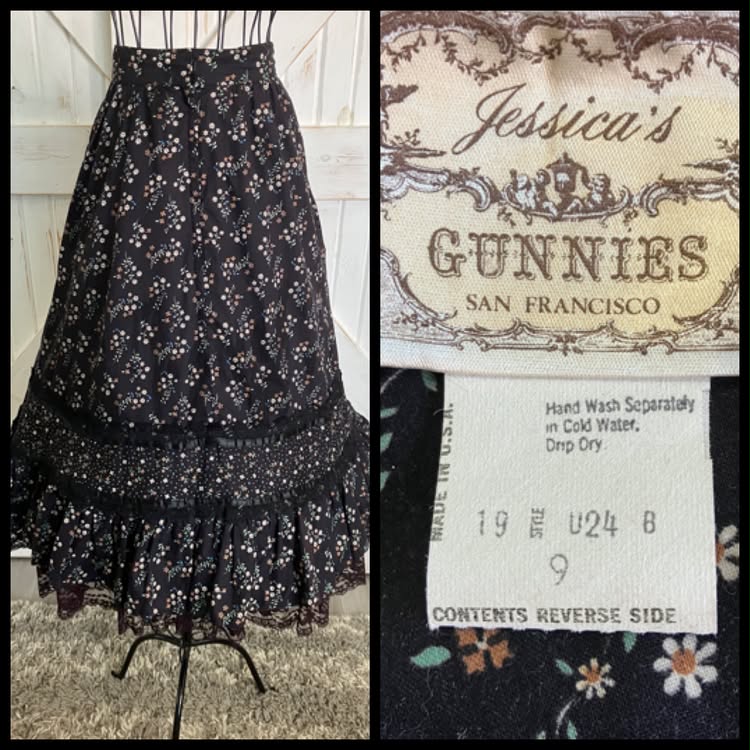 70's Vintage Gunne Sax Jessica's Gunnies Black Blue Brown White Daisy Calico Prairie Midi Skirt 9