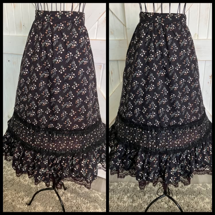 70's Vintage Gunne Sax Jessica's Gunnies Black Blue Brown White Daisy Calico Prairie Midi Skirt 9
